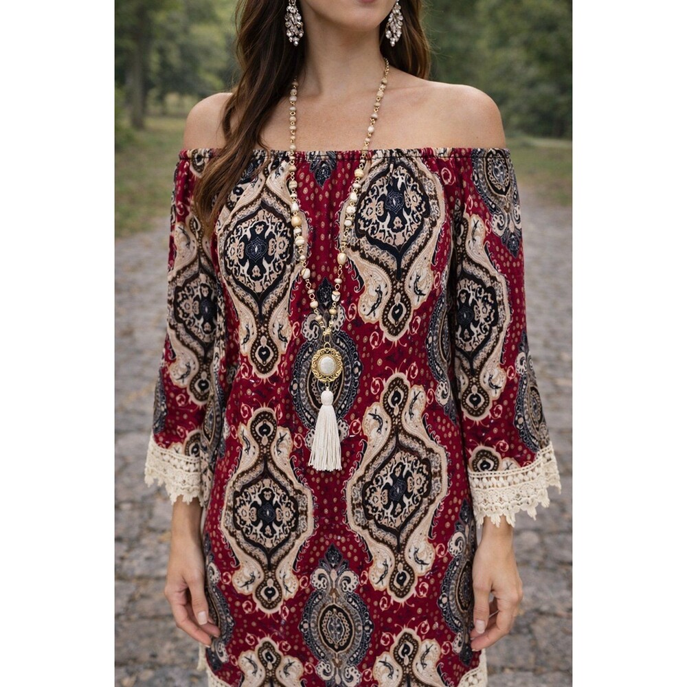 Lilypad‎ Boho Paisley Dress Sz Large Off or On Shoulder Lace Trim Burgundy